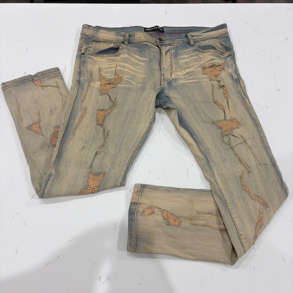 ARKETYPE Mens Distressed Sand Wash Denim Jeans Light Blue 40x32 Streetwear